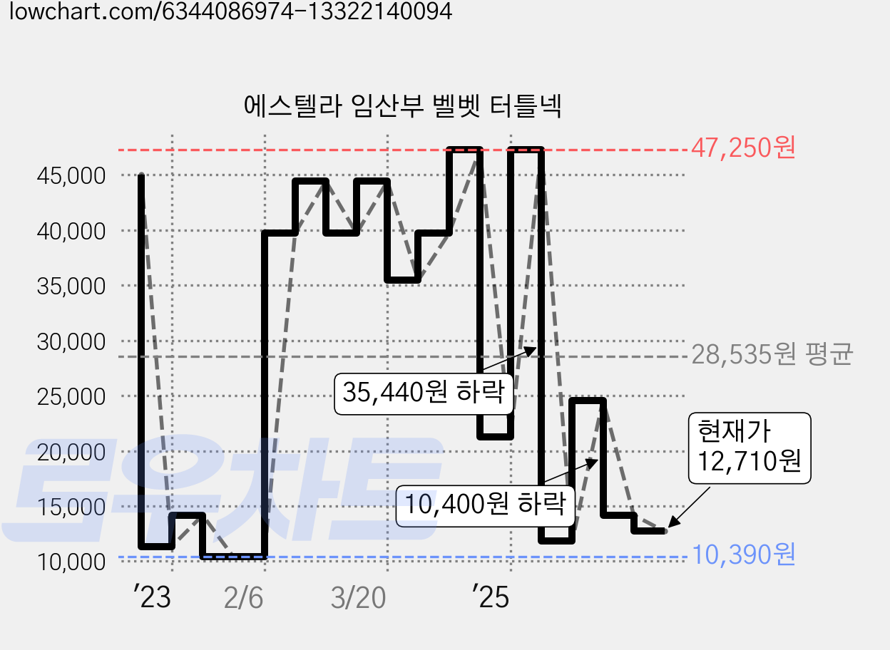 에스텔라 임산부 벨벳 터틀넥 가격 변동 차트, 현재가 12,710원, 관측 최저가 5,670원