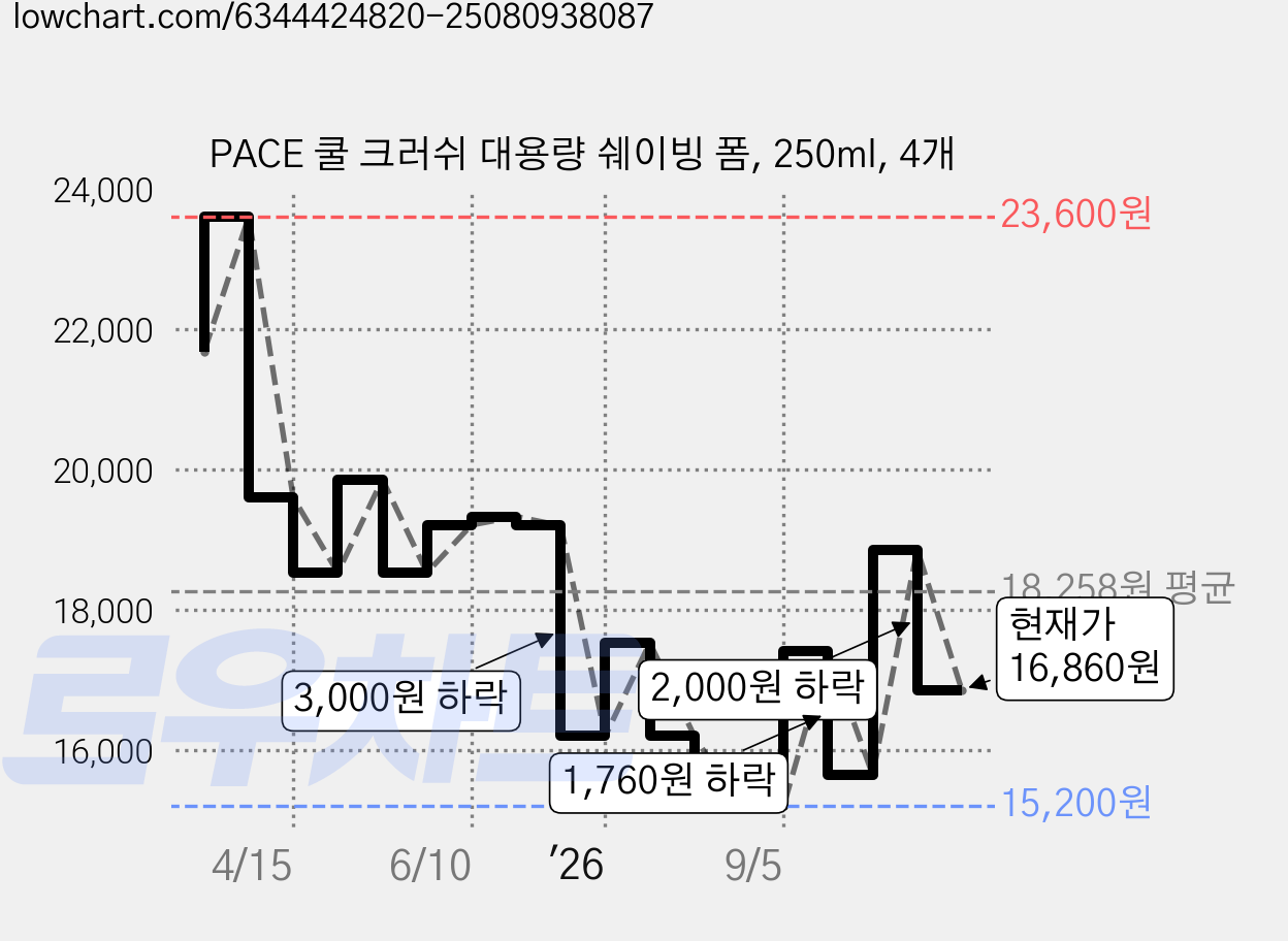 PACE 쿨 크러쉬 대용량 쉐이빙 폼, 250ml, 4개 가격 변동 차트, 현재가 16,860원, 관측 최저가 15,200원