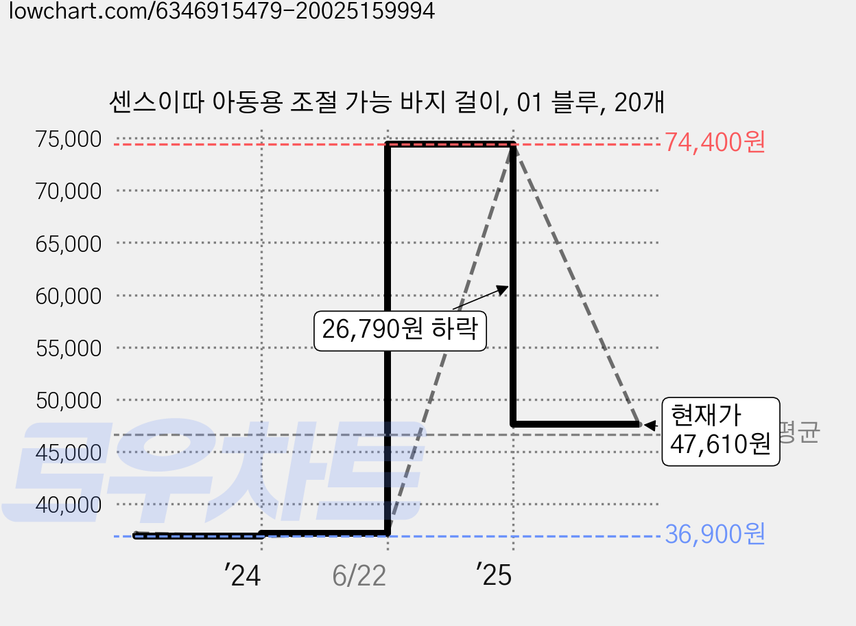 센스이따 아동용 조절 가능 바지 걸이, 01 블루, 20개 가격 변동 차트, 현재가 47,610원, 관측 최저가 36,900원