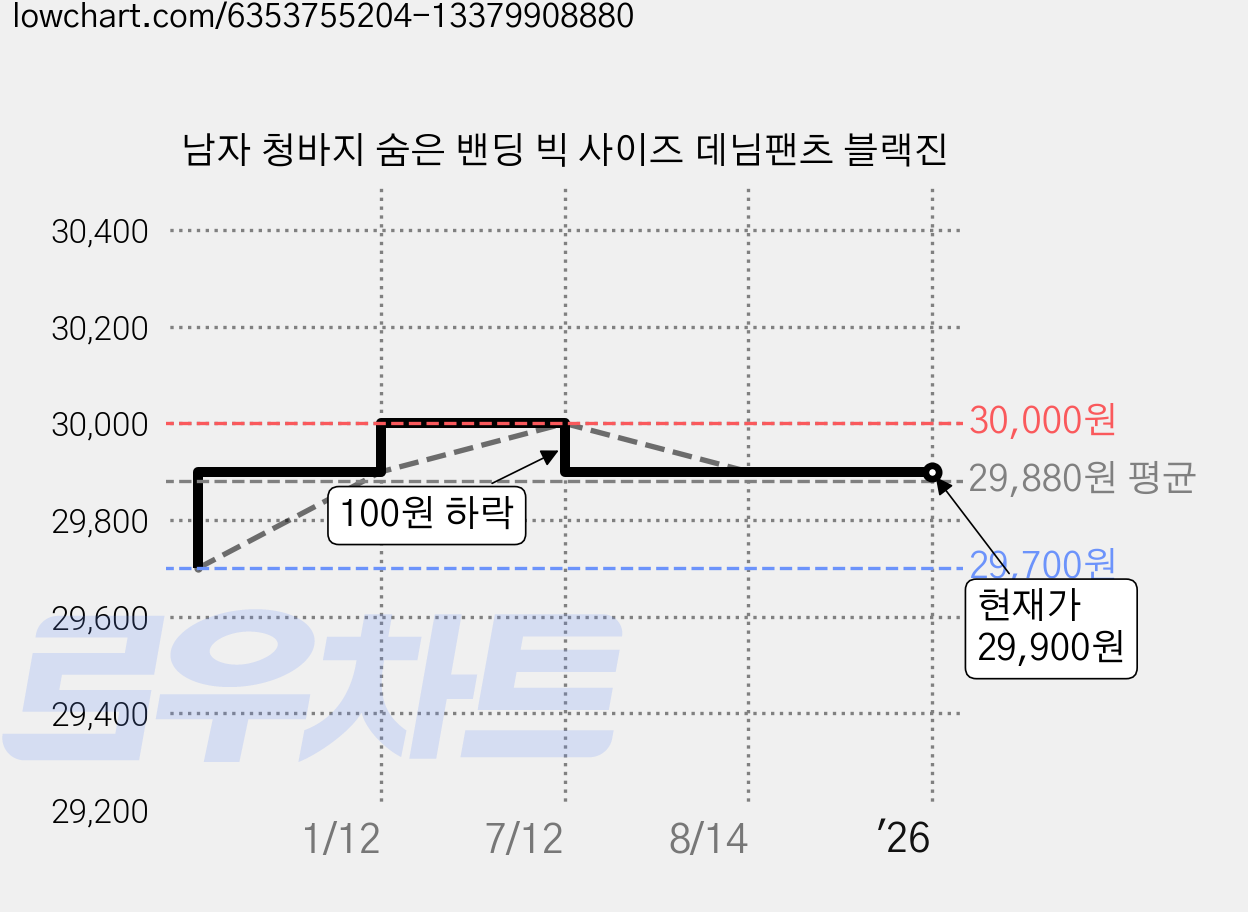 남자 청바지 숨은 밴딩 빅 사이즈 데님팬츠 블랙진 가격 변동 차트, 현재가 29,900원, 역대최저가