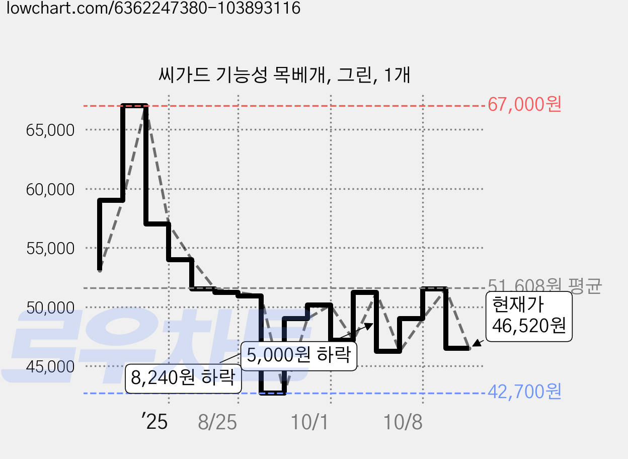 씨가드 기능성 목베개, 그린, 1개 가격 변동 차트, 현재가 46,520원, 관측 최저가 42,700원