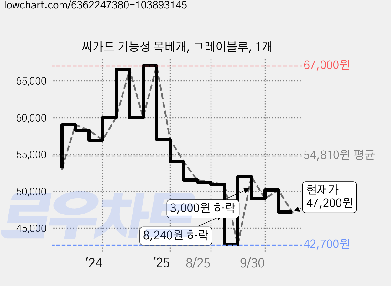 씨가드 기능성 목베개, 그레이블루, 1개 가격 변동 차트, 현재가 47,200원, 관측 최저가 42,700원