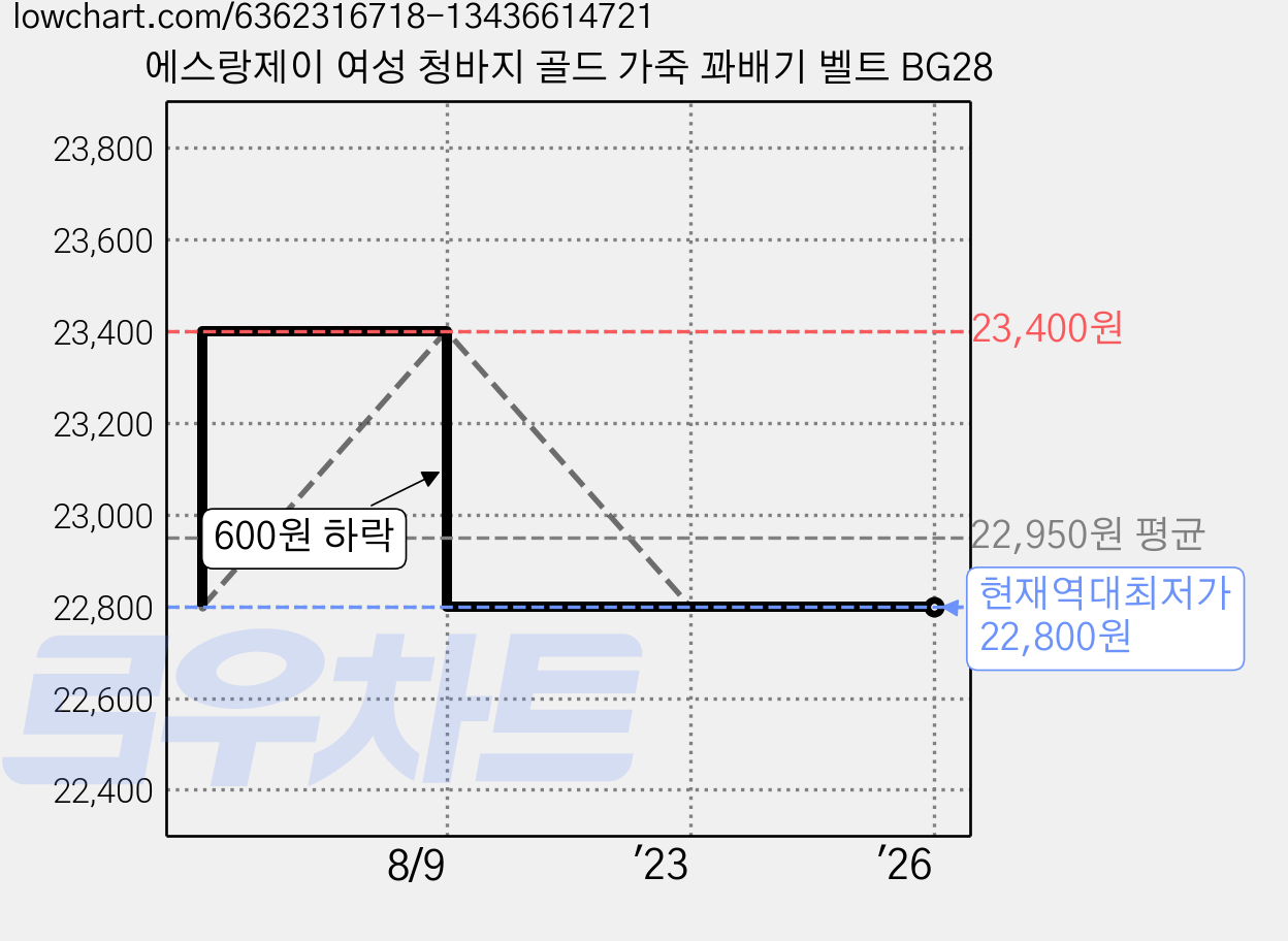 에스랑제이 여성 청바지 골드 가죽 꽈배기 벨트 BG28 가격 변동 차트, 현재가 22,800원, 역대최저가