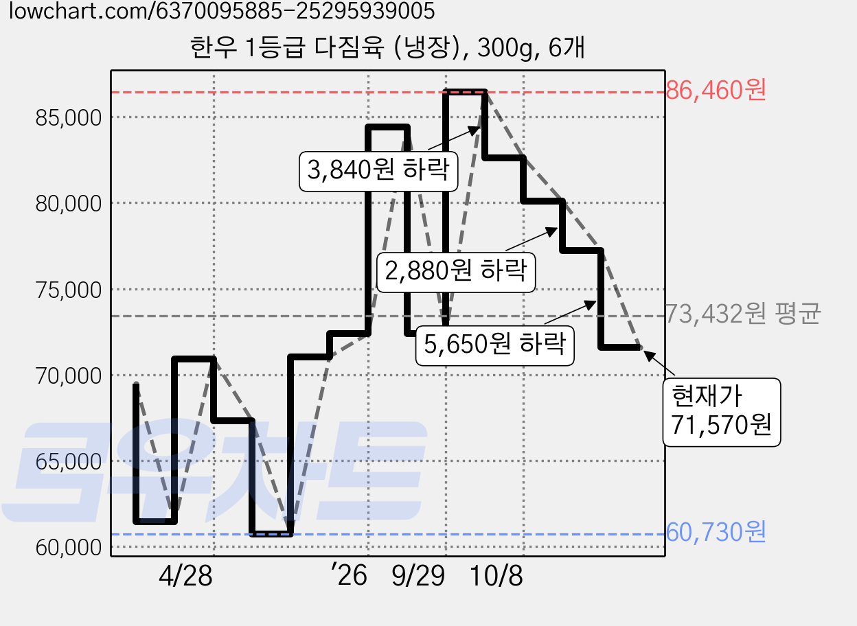 한우 1등급 다짐육 (냉장), 300g, 6개 가격 변동 차트, 현재가 71,570원, 관측 최저가 60,730원