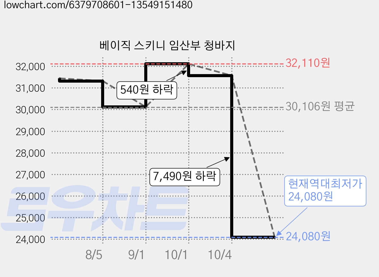 베이직 스키니 임산부 청바지 가격 변동 차트, 현재가 24,080원, 역대최저가