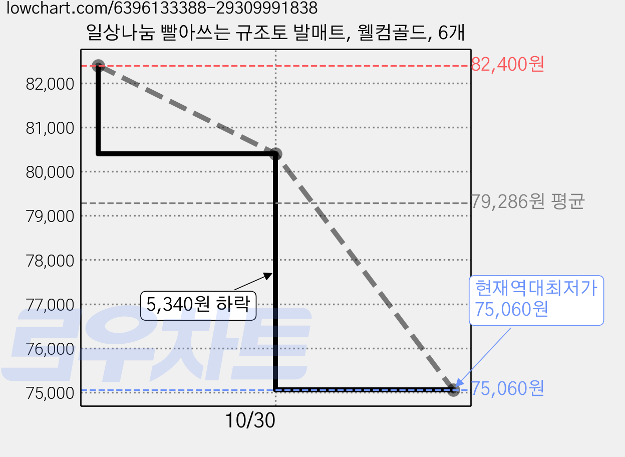일상나눔 빨아쓰는 규조토 발매트, 웰컴골드, 6개 가격 변동 차트, 현재가 75,060원, 역대최저가