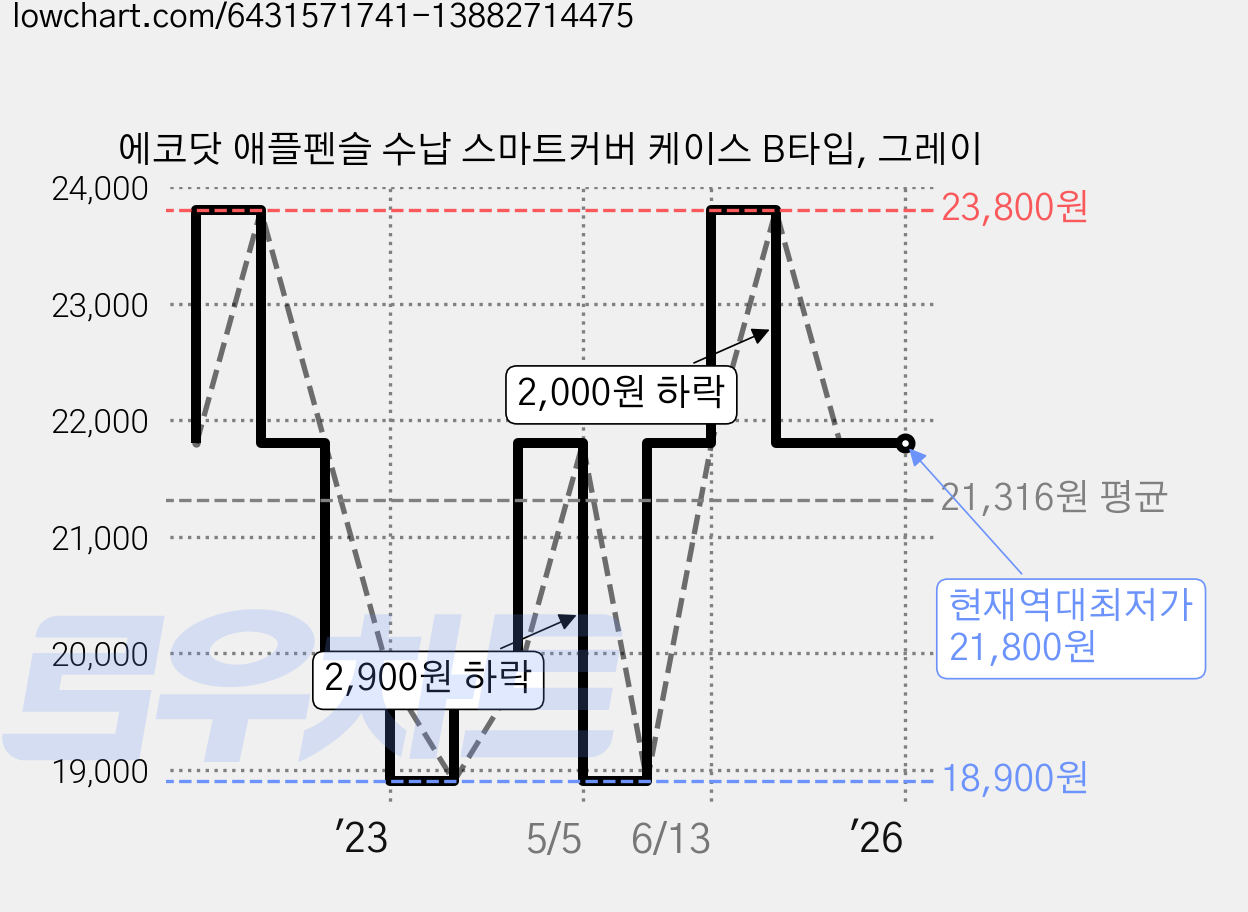 에코닷 애플펜슬 수납 스마트커버 케이스 B타입, 그레이 가격 변동 차트, 현재가 21,800원, 역대최저가