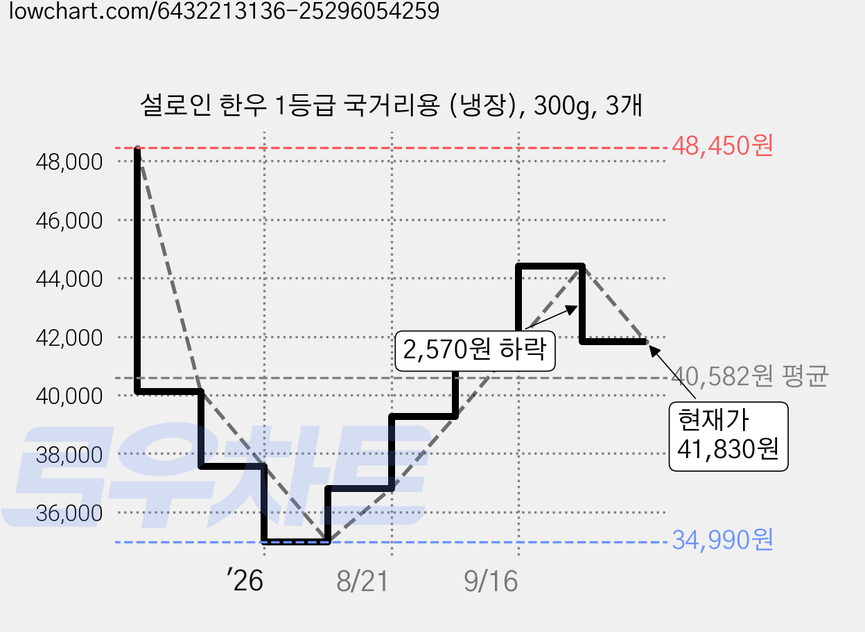 설로인 한우 1등급 국거리용 (냉장), 300g, 3개 가격 변동 차트, 현재가 41,830원, 관측 최저가 34,990원