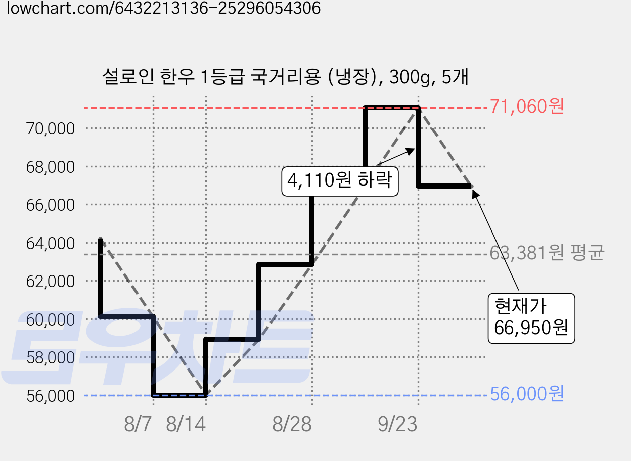 설로인 한우 1등급 국거리용 (냉장), 300g, 5개 가격 변동 차트, 현재가 66,950원, 관측 최저가 56,000원