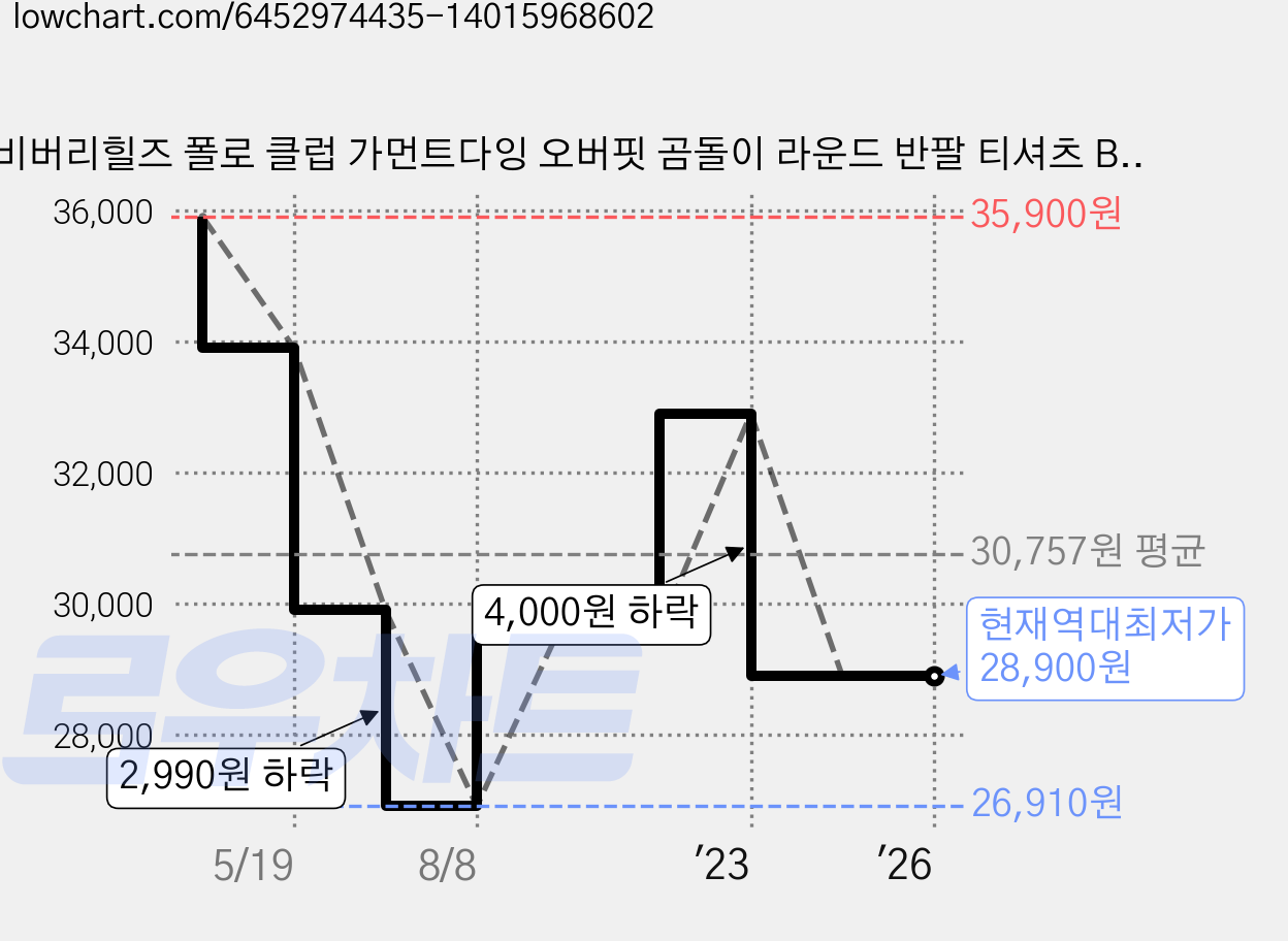 비버리힐즈 폴로 클럽 가먼트다잉 오버핏 곰돌이 라운드 반팔 티셔츠 BP-1010 가격 변동 차트, 현재가 28,900원, 역대최저가
