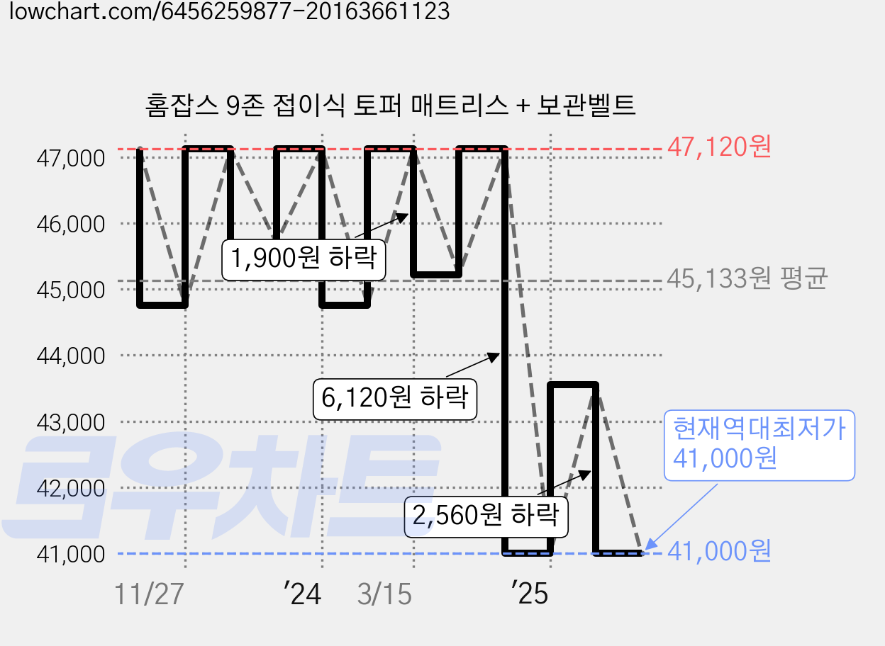 홈잡스 9존 접이식 토퍼 매트리스 + 보관벨트 가격 변동 차트, 현재가 41,000원, 역대최저가