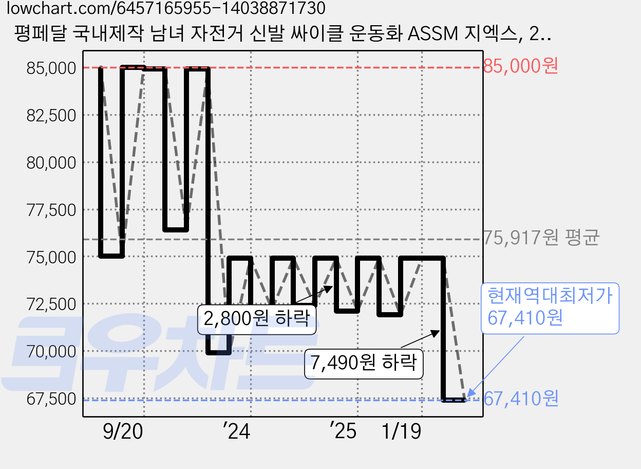 평페달 국내제작 남녀 자전거 신발 싸이클 운동화 ASSM 지엑스, 270, 화이트 가격 변동 차트, 현재가 67,410원, 역대최저가