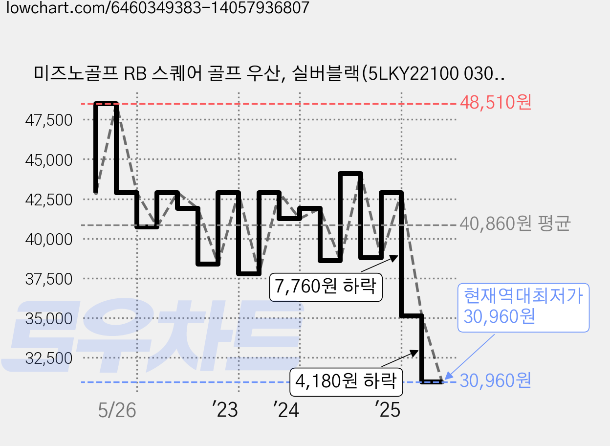 미즈노골프 RB 스퀘어 골프 우산, 실버블랙(5LKY22100 0309), 1개 가격 변동 차트, 현재가 30,960원, 역대최저가