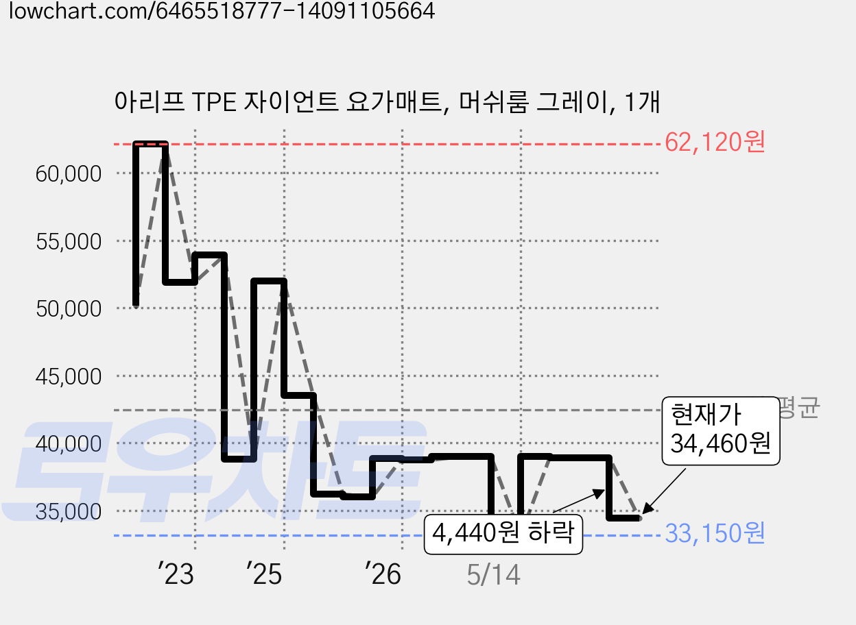 아리프 TPE 자이언트 요가매트, 머쉬룸 그레이, 1개 가격 변동 차트, 현재가 34,460원, 관측 최저가 32,700원
