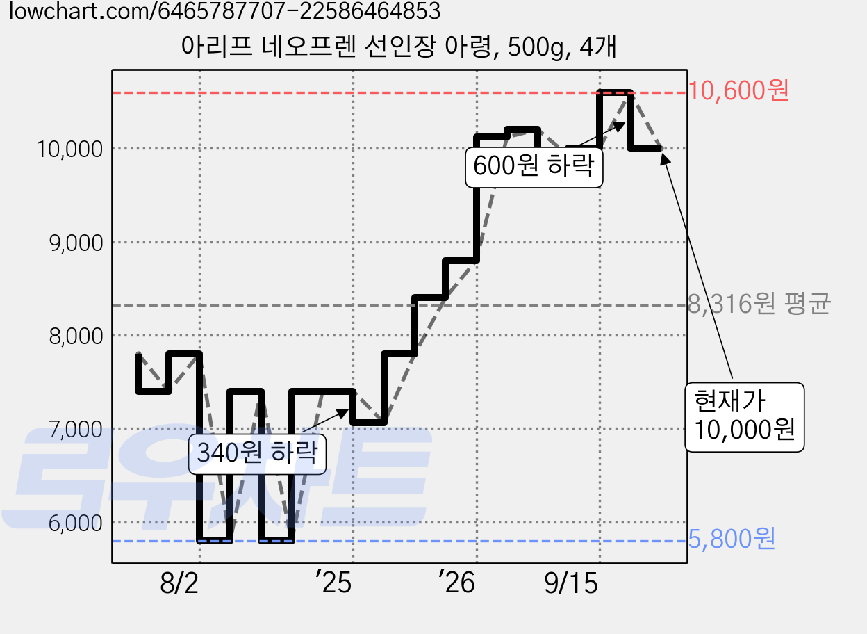 아리프 네오프렌 선인장 아령, 500g, 4개 가격 변동 차트, 현재가 10,000원, 관측 최저가 5,800원