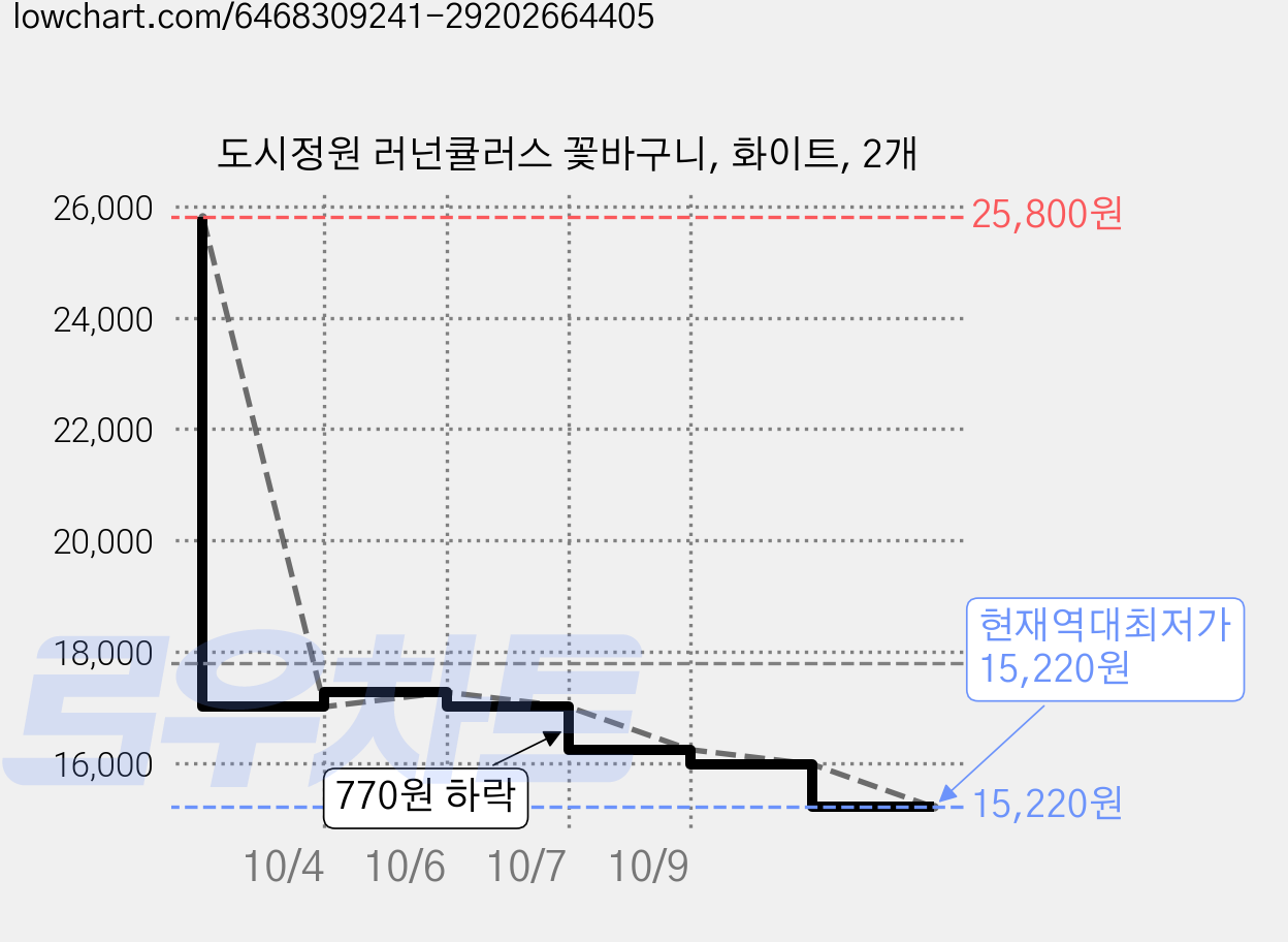 도시정원 러넌큘러스 꽃바구니, 화이트, 2개 가격 변동 차트, 현재가 15,220원, 역대최저가