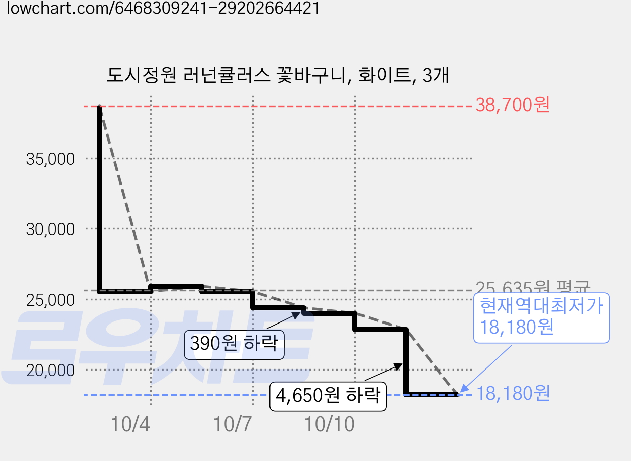 도시정원 러넌큘러스 꽃바구니, 화이트, 3개 가격 변동 차트, 현재가 18,180원, 역대최저가