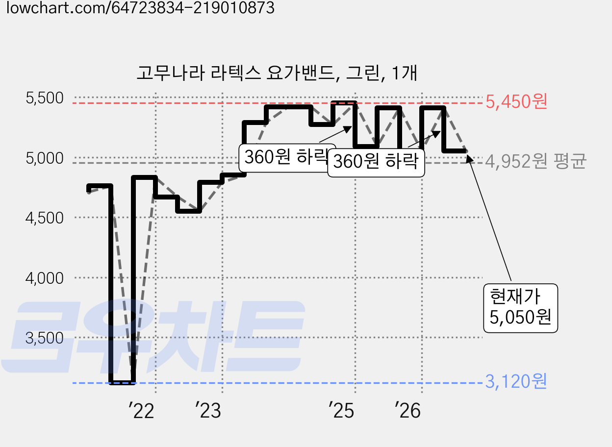 고무나라 라텍스 요가밴드, 그린, 1개 가격 변동 차트, 현재가 5,050원, 관측 최저가 3,120원
