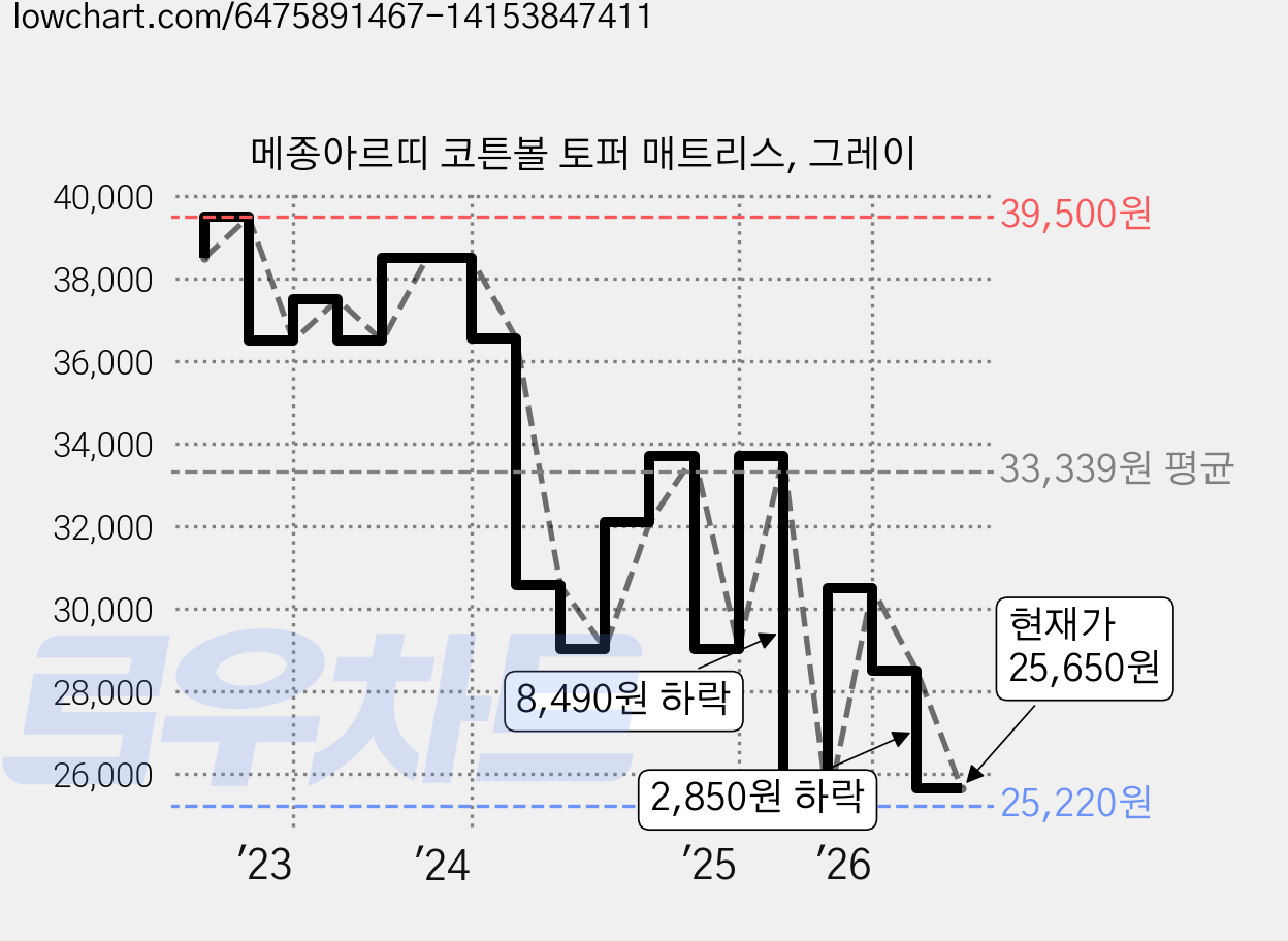 메종아르띠 코튼볼 토퍼 매트리스, 그레이 가격 변동 차트, 현재가 25,650원, 관측 최저가 25,220원