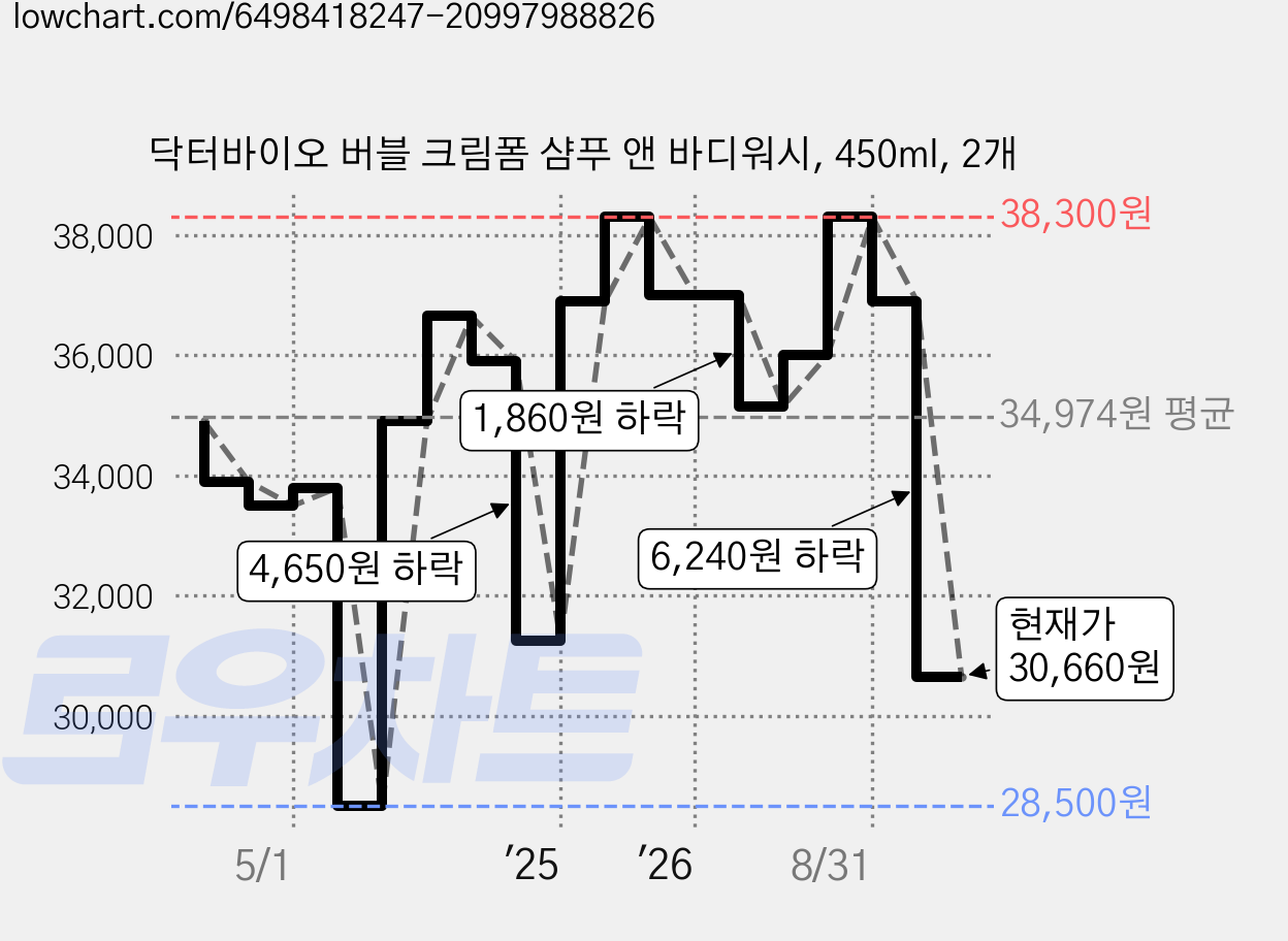 닥터바이오 버블 크림폼 샴푸 앤 바디워시, 450ml, 2개 가격 변동 차트, 현재가 30,660원, 관측 최저가 28,500원
