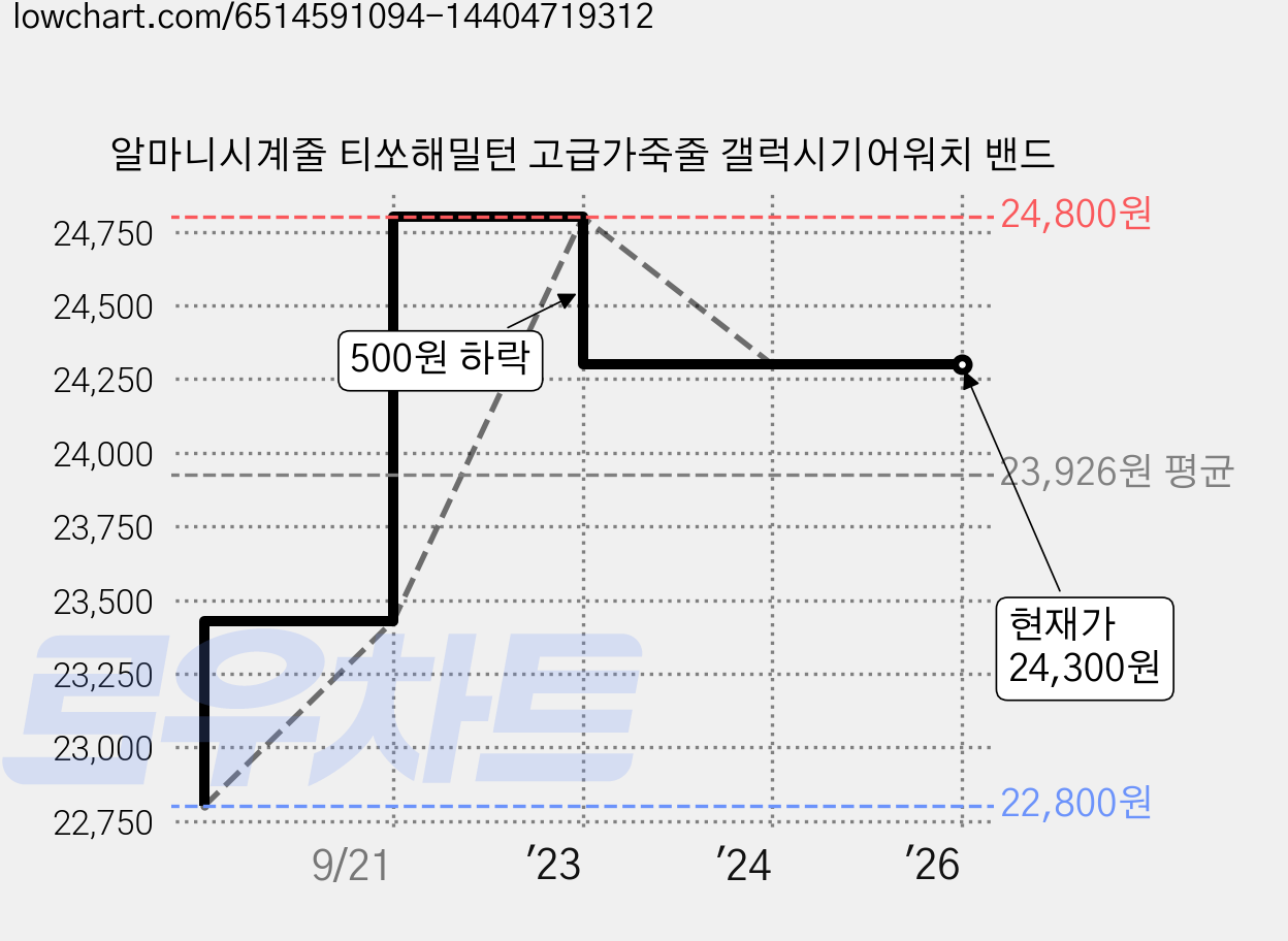 알마니시계줄 티쏘해밀턴 고급가죽줄 갤럭시기어워치 밴드 가격 변동 차트, 현재가 24,300원, 역대최저가