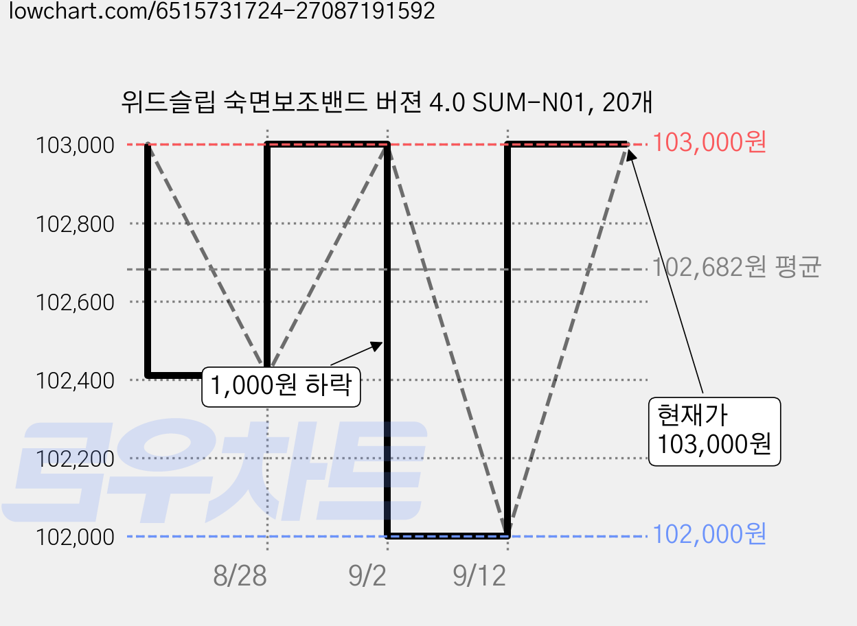 위드슬립 숙면보조밴드 버젼 4.0 SUM-N01, 20개 가격 변동 차트, 현재가 103,000원, 관측 최저가 102,000원