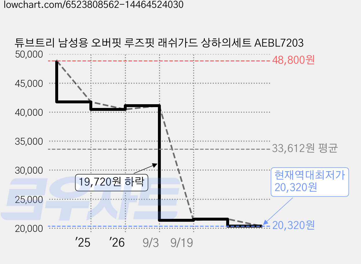 튜브트리 남성용 오버핏 루즈핏 래쉬가드 상하의세트 AEBL7203 가격 변동 차트, 현재가 20,320원, 역대최저가