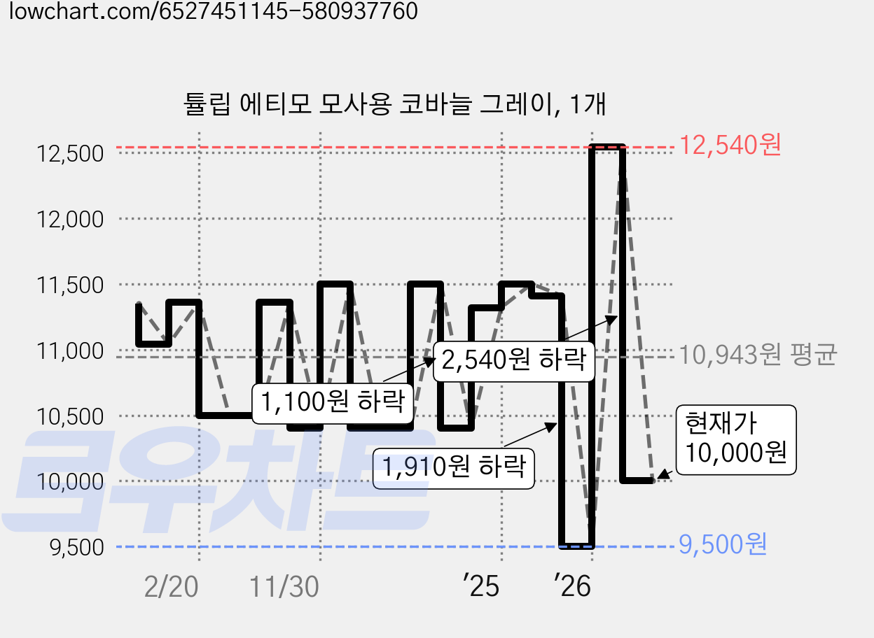 튤립 에티모 모사용 코바늘 그레이, 1개 가격 변동 차트, 현재가 10,000원, 관측 최저가 9,170원