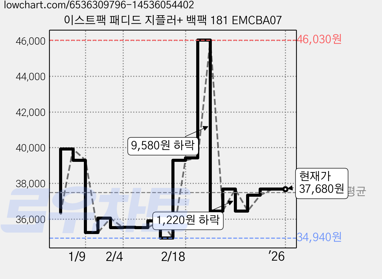 이스트팩 패디드 지플러+ 백팩 181 EMCBA07 가격 변동 차트, 현재가 37,680원, 역대최저가