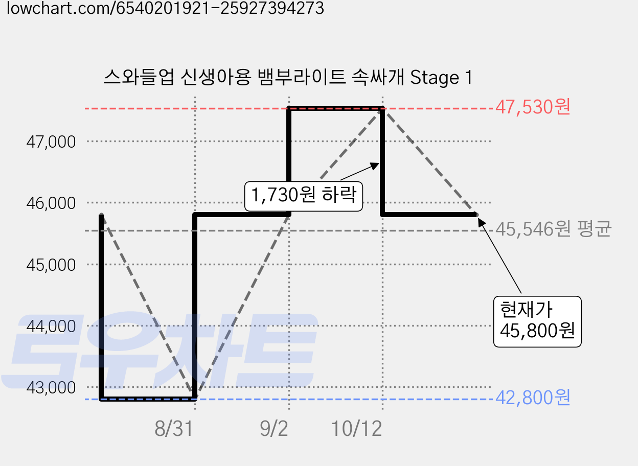 스와들업 신생아용 뱀부라이트 속싸개 Stage 1 가격 변동 차트, 현재가 45,800원, 관측 최저가 42,800원