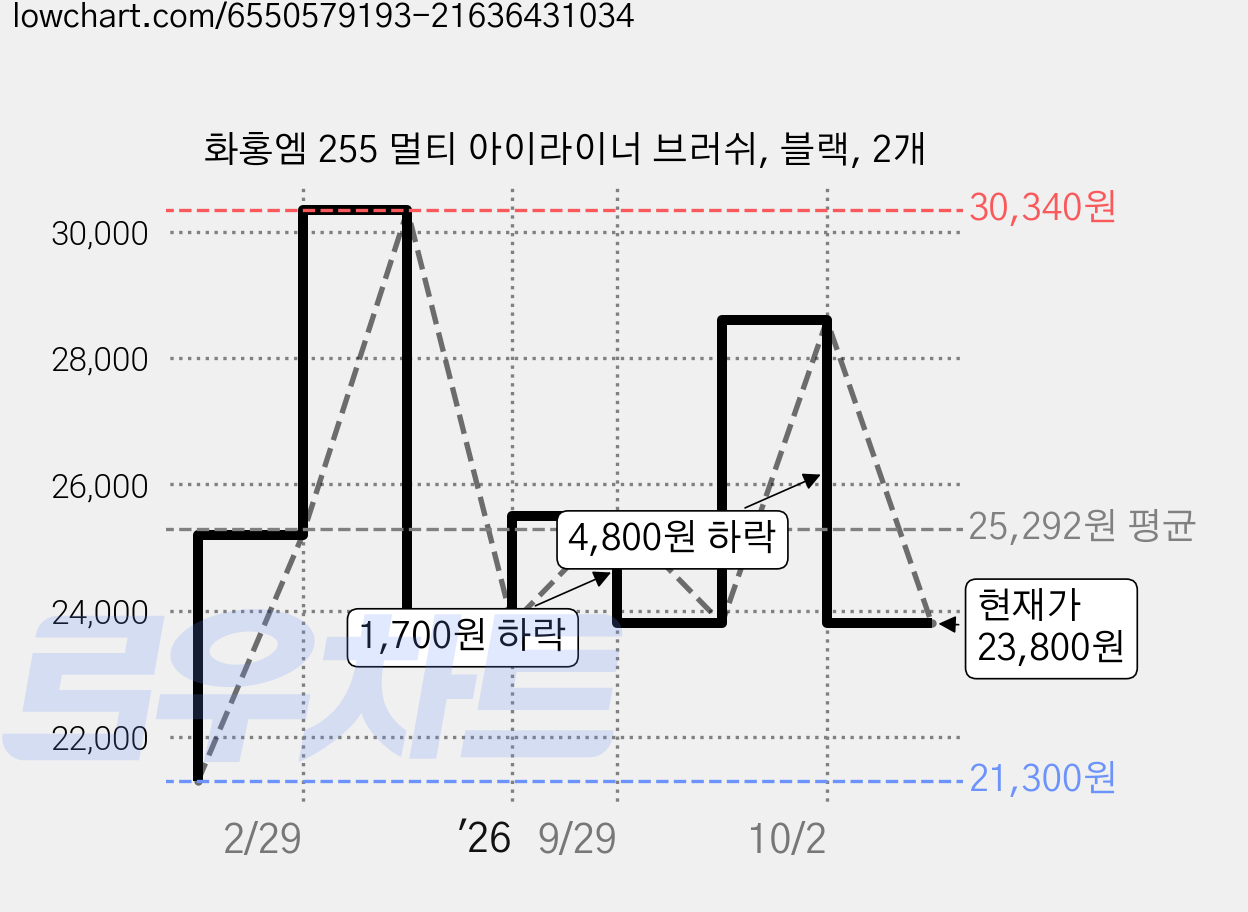 화홍엠 255 멀티 아이라이너 브러쉬, 블랙, 2개 가격 변동 차트, 현재가 23,800원, 관측 최저가 21,300원