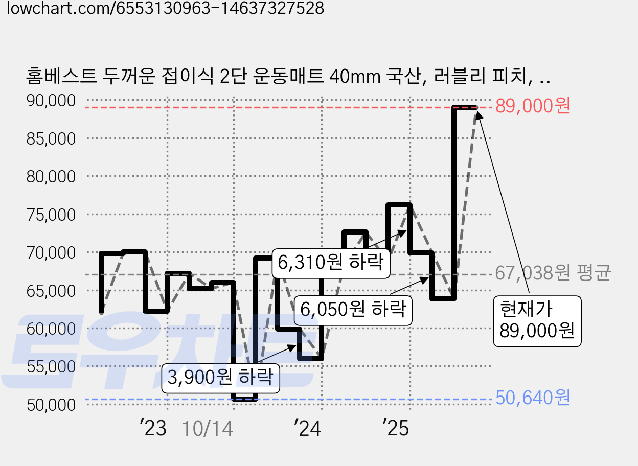 홈베스트 두꺼운 접이식 2단 운동매트 40mm 국산, 러블리 피치, 1개 가격 변동 차트, 현재가 89,000원, 관측 최저가 50,640원