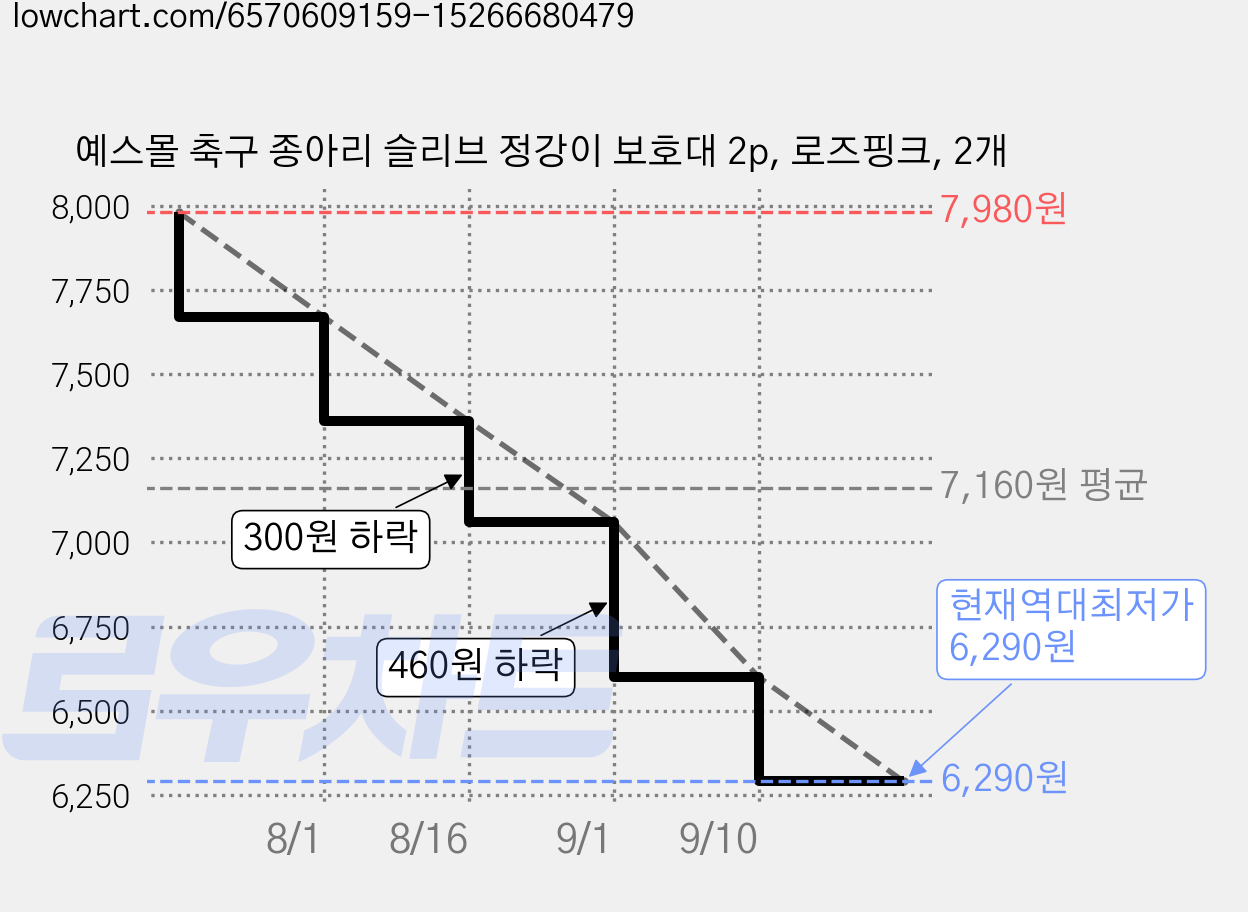 예스몰 축구 종아리 슬리브 정강이 보호대 2p, 로즈핑크, 2개 가격 변동 차트, 현재가 6,290원, 역대최저가