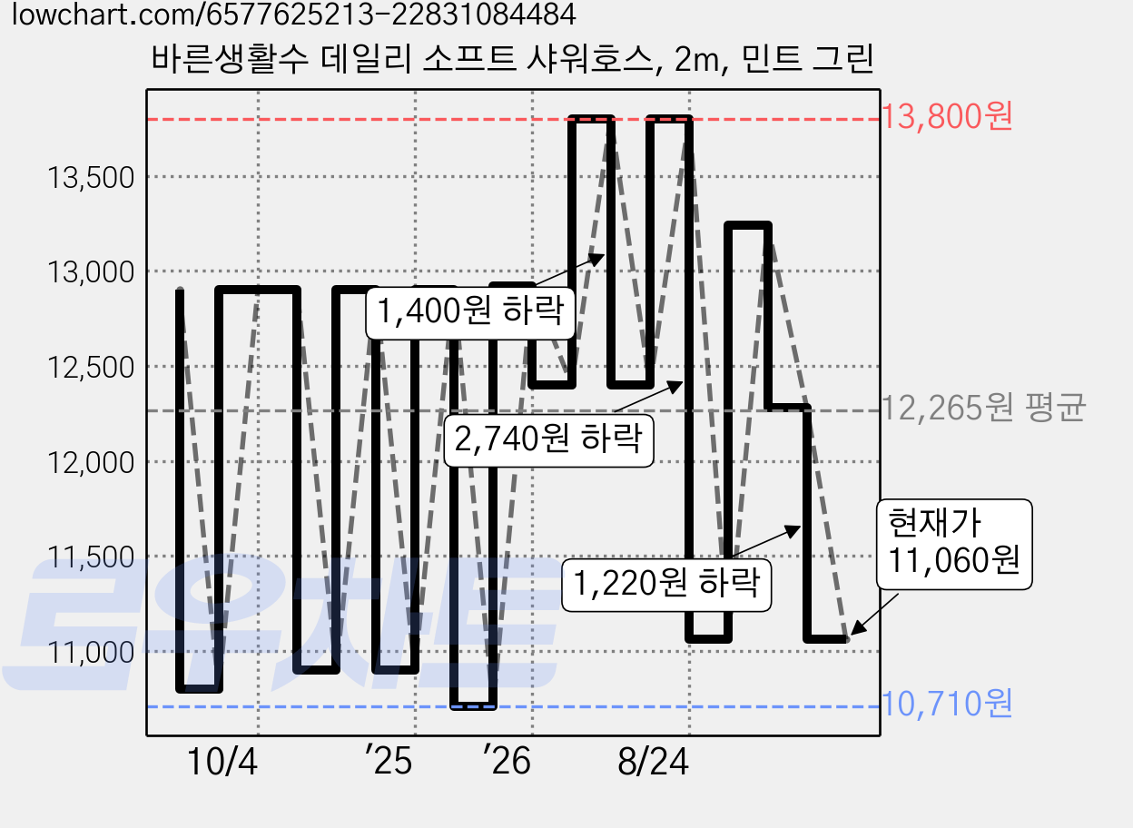 바른생활수 데일리 소프트 샤워호스, 2m, 민트 그린 가격 변동 차트, 현재가 11,060원, 관측 최저가 10,360원