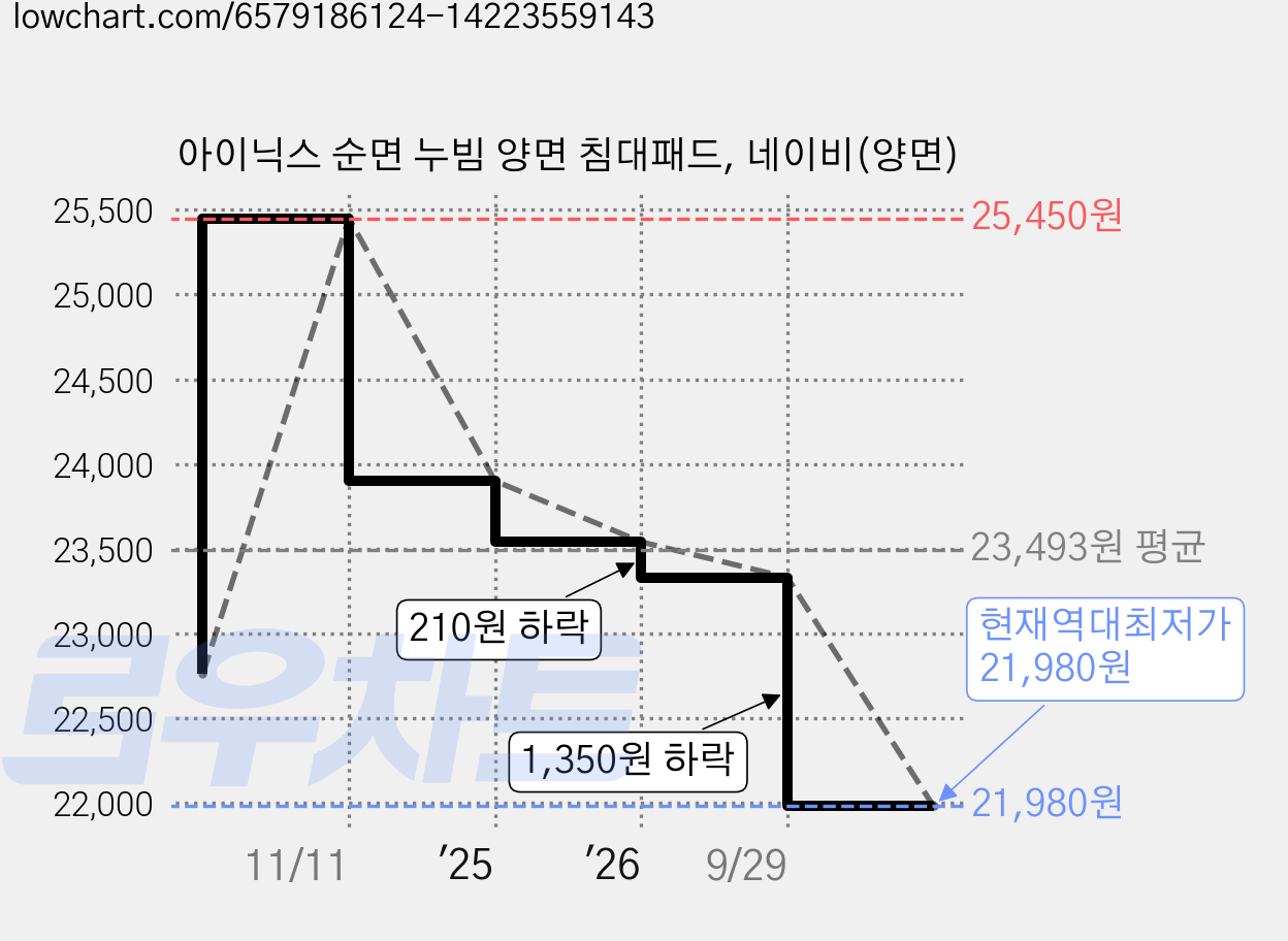 아이닉스 순면 누빔 양면 침대패드, 네이비(양면) 가격 변동 차트, 현재가 21,980원, 역대최저가