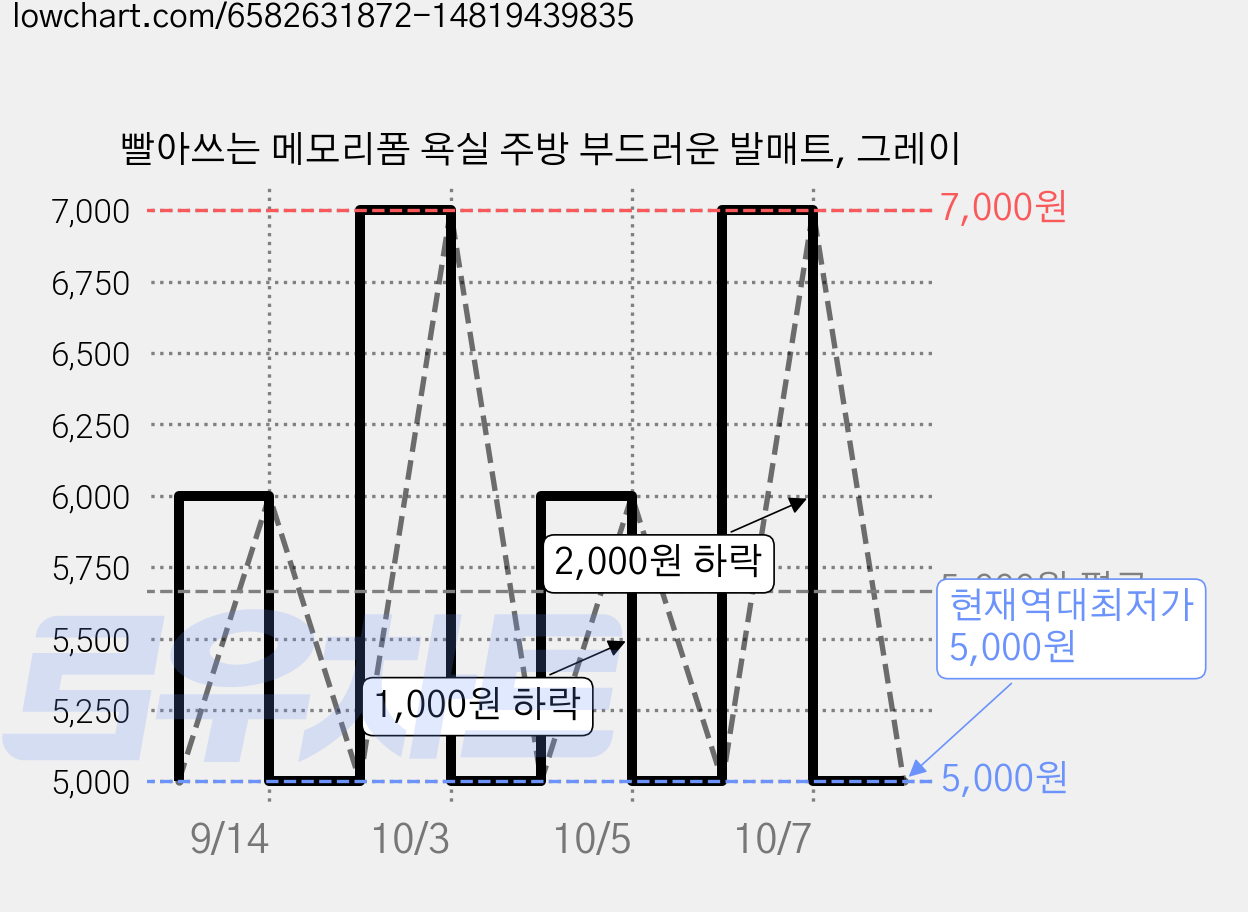 빨아쓰는 메모리폼 욕실 주방 부드러운 발매트, 그레이 가격 변동 차트, 현재가 5,000원, 역대최저가