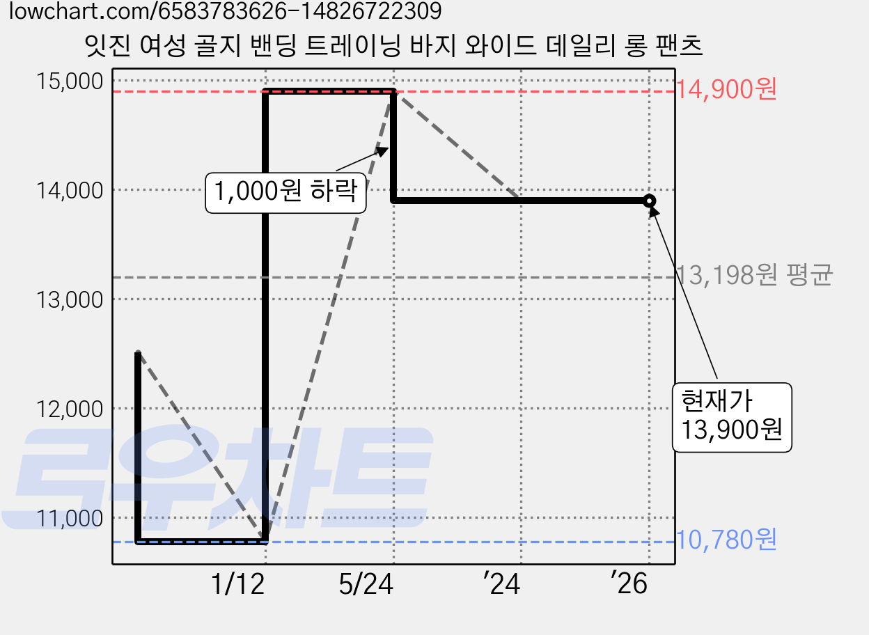 잇진 여성 골지 밴딩 트레이닝 바지 와이드 데일리 롱 팬츠 가격 변동 차트, 현재가 13,900원, 역대최저가