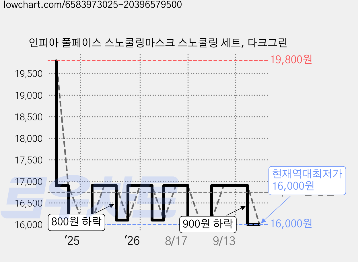 인피아 풀페이스 스노쿨링마스크 스노쿨링 세트, 다크그린 가격 변동 차트, 현재가 16,000원, 역대최저가