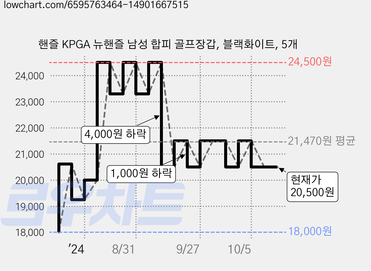 핸즐 KPGA 뉴핸즐 남성 합피 골프장갑, 블랙화이트, 5개 가격 변동 차트, 현재가 20,500원, 관측 최저가 18,000원