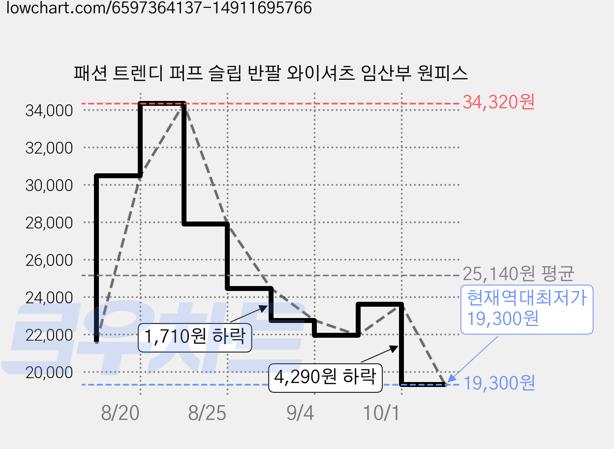 패션 트렌디 퍼프 슬립 반팔 와이셔츠 임산부 원피스 가격 변동 차트, 현재가 19,300원, 역대최저가