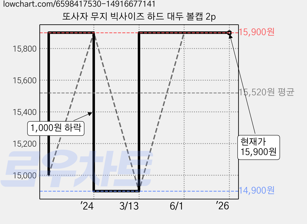 또사자 무지 빅사이즈 하드 대두 볼캡 2p 가격 변동 차트, 현재가 15,900원, 역대최저가