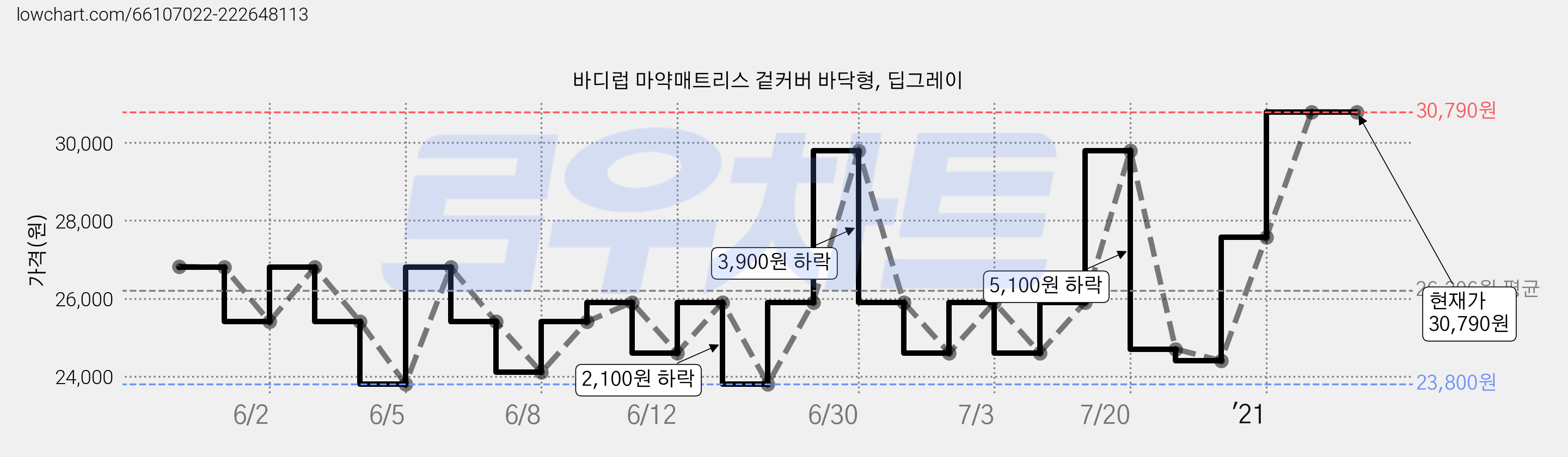 바디럽 마약매트리스 겉커버 바닥형, 딥그레이 가격 변동 차트, 현재가 30,790원, 역대최저가