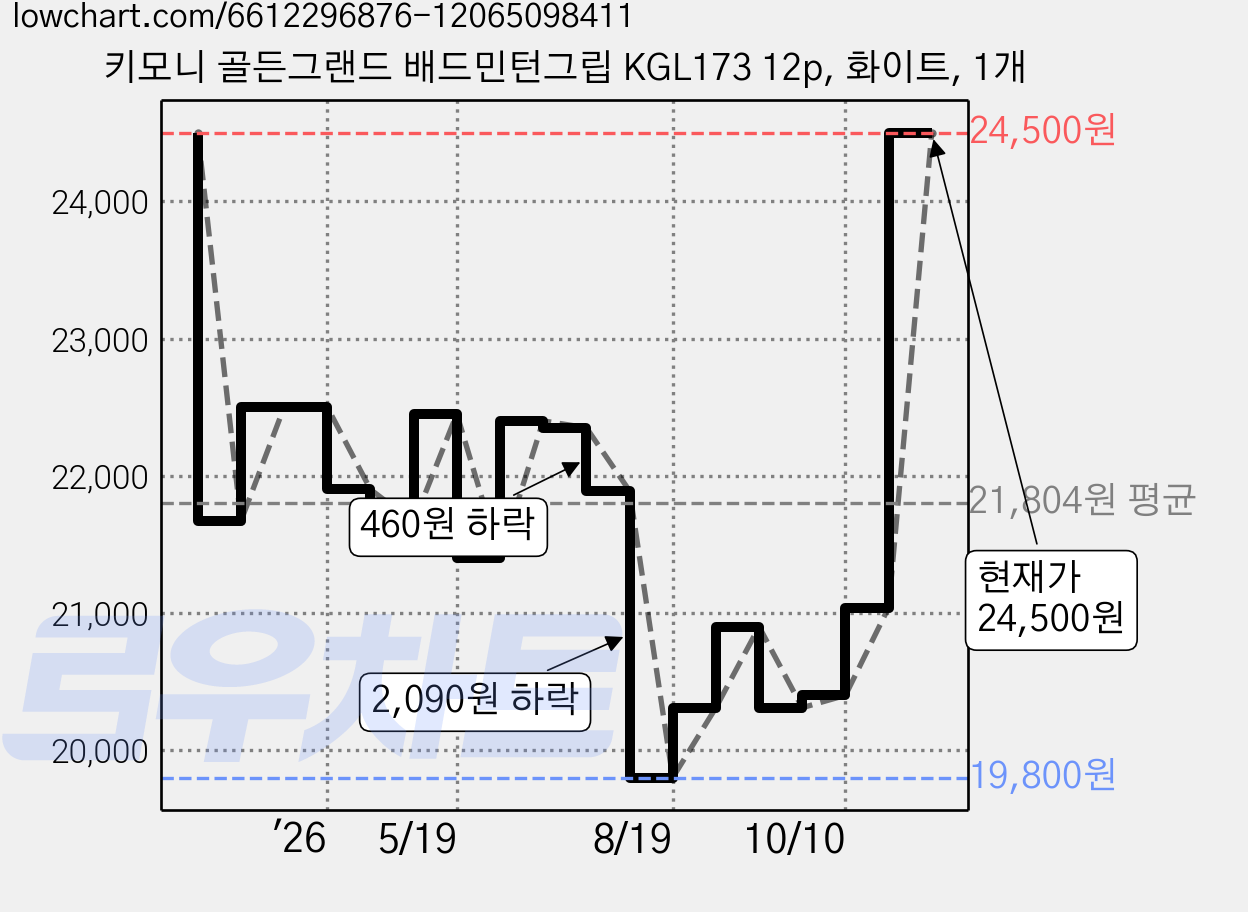 키모니 골든그랜드 배드민턴그립 KGL173 12p, 화이트, 1개 가격 변동 차트, 현재가 24,500원, 관측 최저가 19,800원