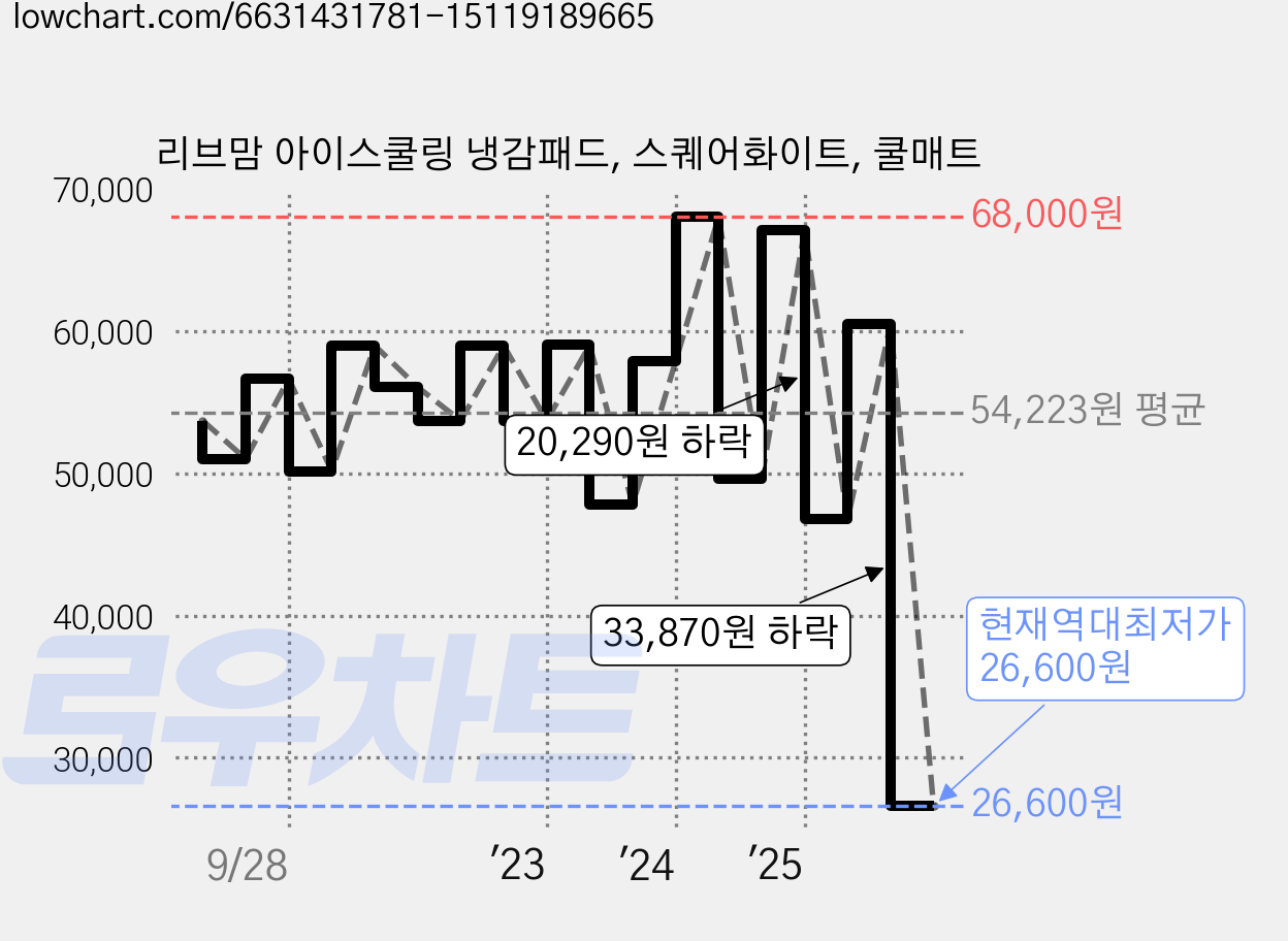 리브맘 아이스쿨링 냉감패드, 스퀘어화이트, 쿨매트 가격 변동 차트, 현재가 26,600원, 역대최저가