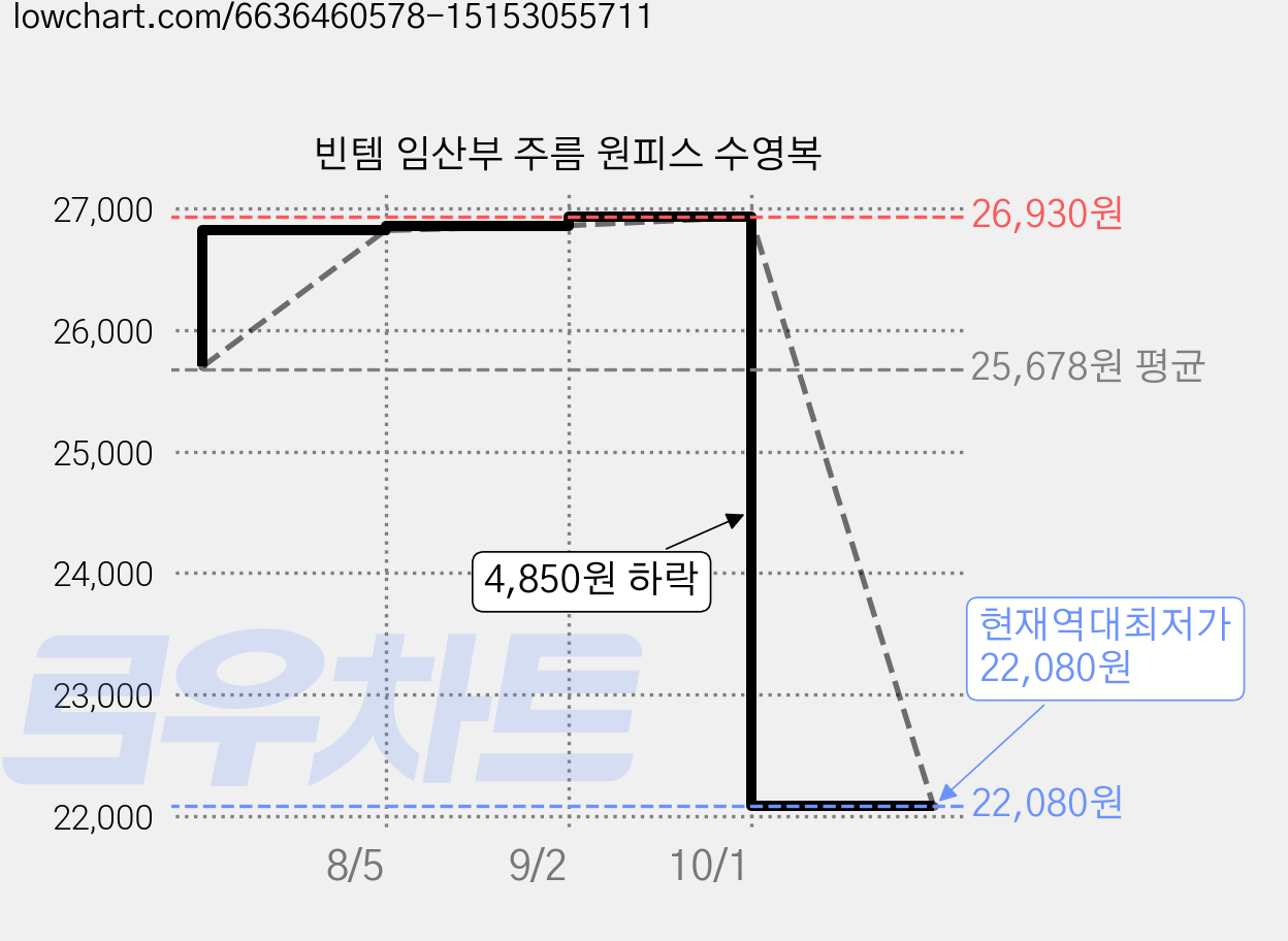 빈템 임산부 주름 원피스 수영복 가격 변동 차트, 현재가 22,080원, 역대최저가