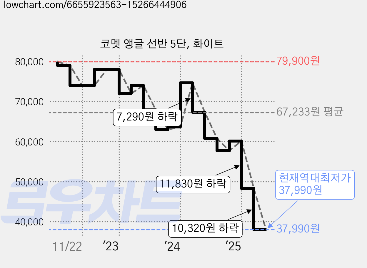 코멧 앵글 선반 5단, 화이트 가격 변동 차트, 현재가 37,990원, 역대최저가