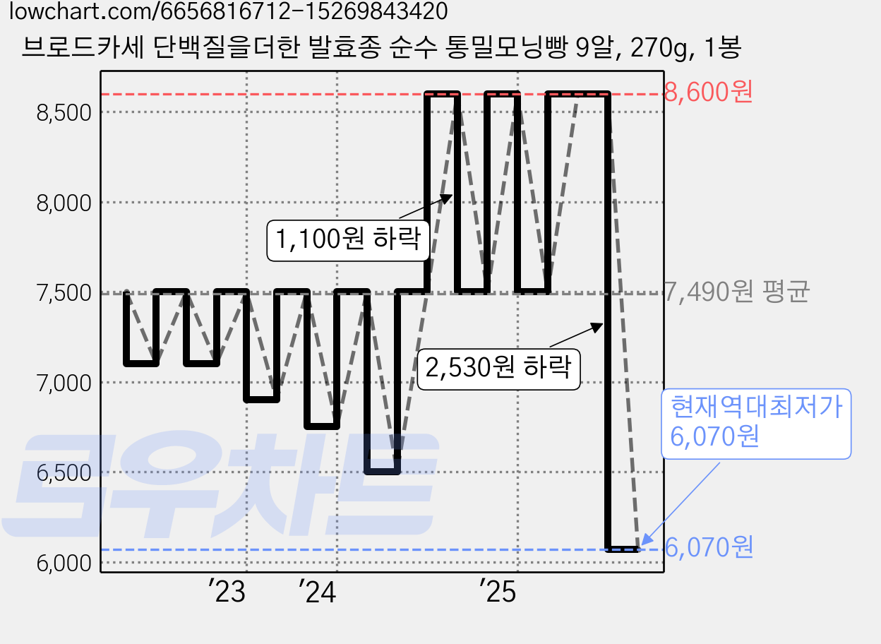 브로드카세 단백질을더한 발효종 순수 통밀모닝빵 9알, 270g, 1봉 가격 변동 차트, 현재가 6,070원, 역대최저가