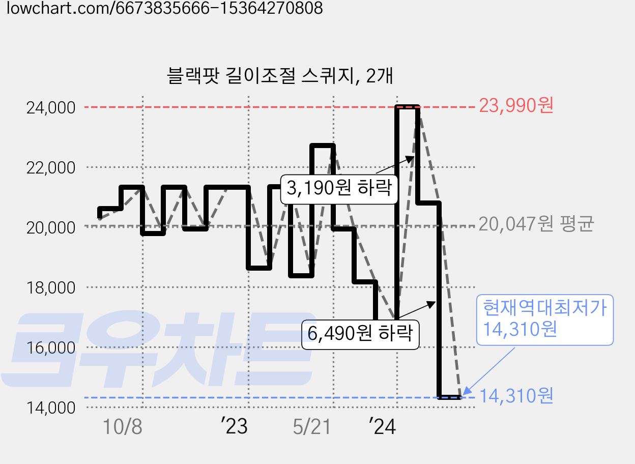 블랙팟 길이조절 스퀴지, 2개 가격 변동 차트, 현재가 14,310원, 역대최저가