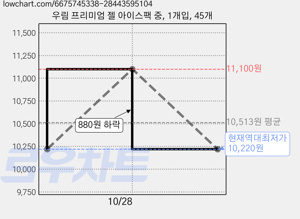 우림 프리미엄 젤 아이스팩 중, 1개입, 45개 가격 변동 차트, 현재가 10,220원, 역대최저가
