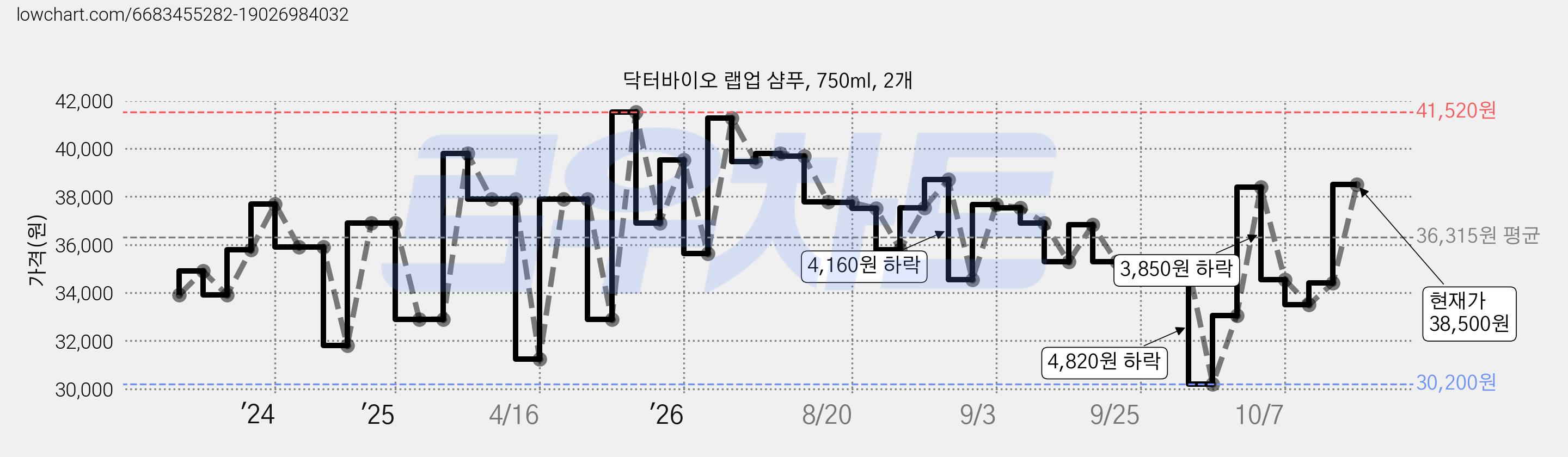 닥터바이오 랩업 샴푸, 750ml, 2개 가격 변동 차트, 현재가 38,500원, 관측 최저가 30,200원